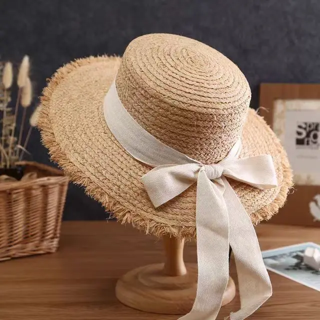 Mode handgemachte 100% natürliche Bast Dame Top große Krempe Strohhut Strand Mädchen Urlaub Panama Sonnencreme atmungsaktive Sonnenhut Großhandel – Detail 19
