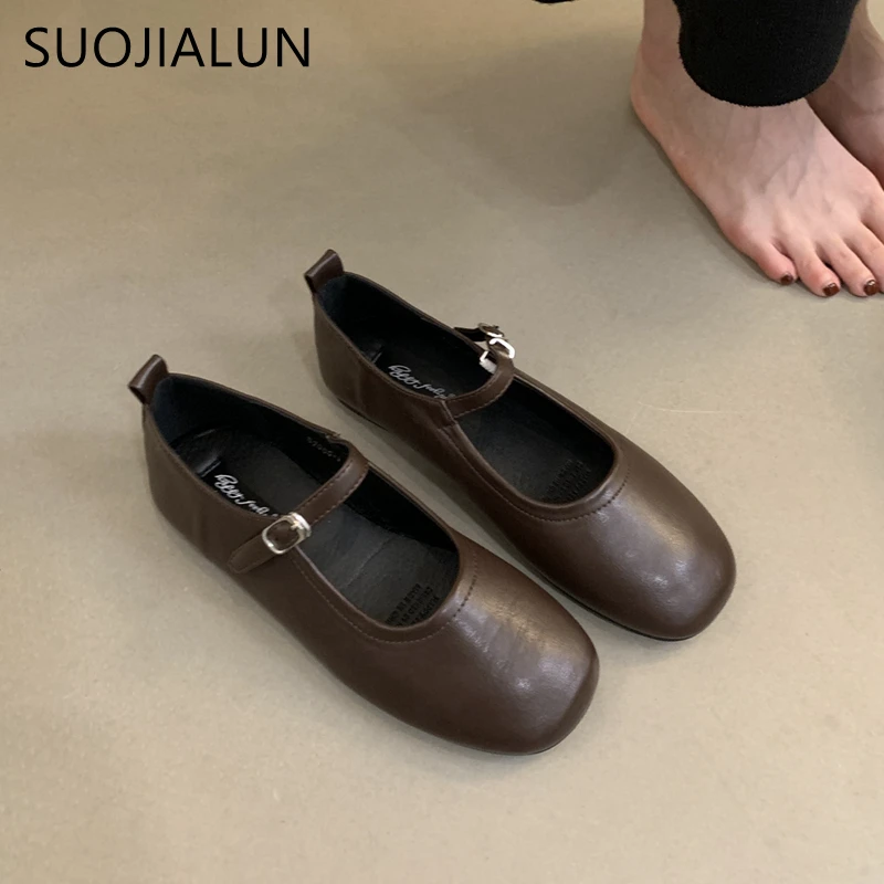 SUOJIALUN Autumn Women Flat Shoes Fashion Round Toe Shallow Slip On Mary Jane Shoes Flat Heel Ladies Elegant Outdoor Ballerinas