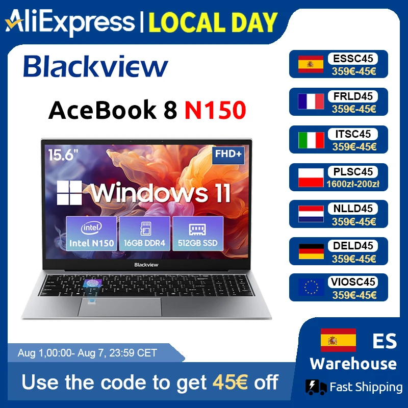 Portátil Blackview AceBook 8 de 15.6 pulgadas, procesador Intel N150, 16 GB de RAM, 512 GB SSD + expansión de hasta 1 TB, Windows 11 Home, 15.6 pulgadas