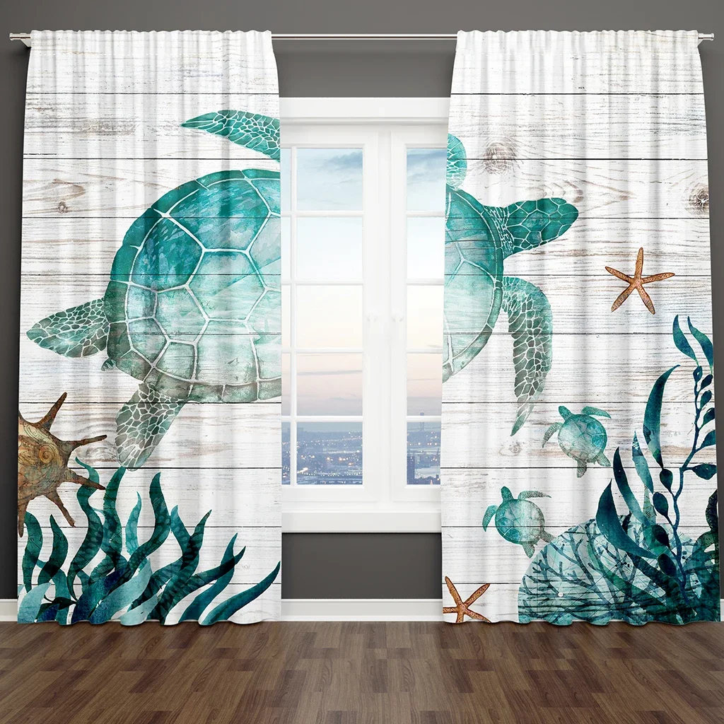 Summer Sea Cute Cartoon Starfish Turtles Blue Kids 2 Pieces Light Filtering Curtain for Living Room Bedroom Window Drape Decor