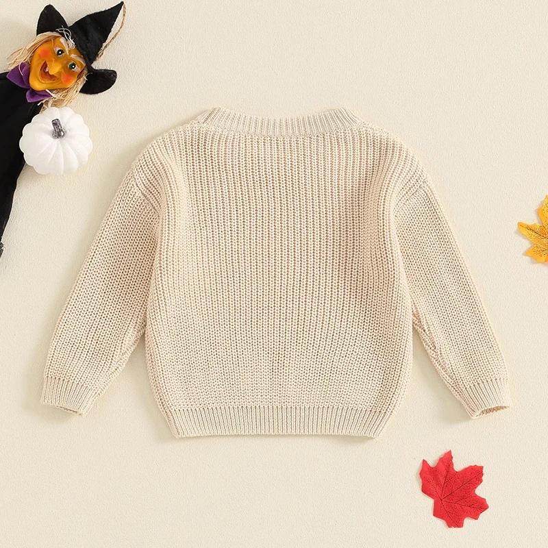 Toddler Boys Girls Halloween Sweater Witch Pumpkin Letter Ghost Long Sleeve Round Neck Ribbed Knitted Pullover Sweaters Knitwear