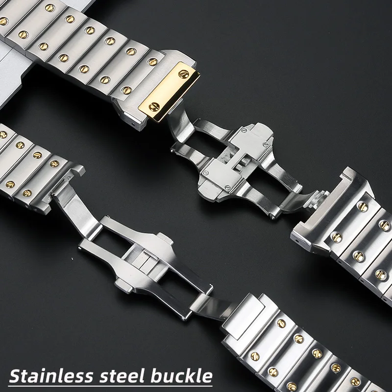 برشام حزام ساعة اليد لكارتييه Santos100 الفولاذ المقاوم للصدأ الرجال معصمه المعدني استبدال سانتوس 100 الفضة الذهب حزام الساعات 20 مللي متر 23 مللي متر