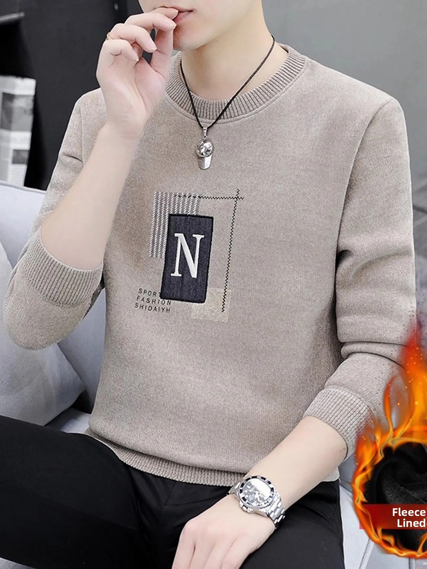 

Мужская вязаная футболка Thiened Round Ne-Piece Fce, модная, с вышивкой букв, теплая, повседневная, из полиэстера...