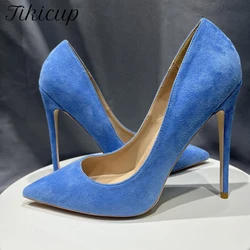 Tikicup Blue Synthetic Suede High Heels Women Sexy Pointed Toe Slip On Stilettos Pumps Elegant Ladies Soft OL Dress Shoes Size46