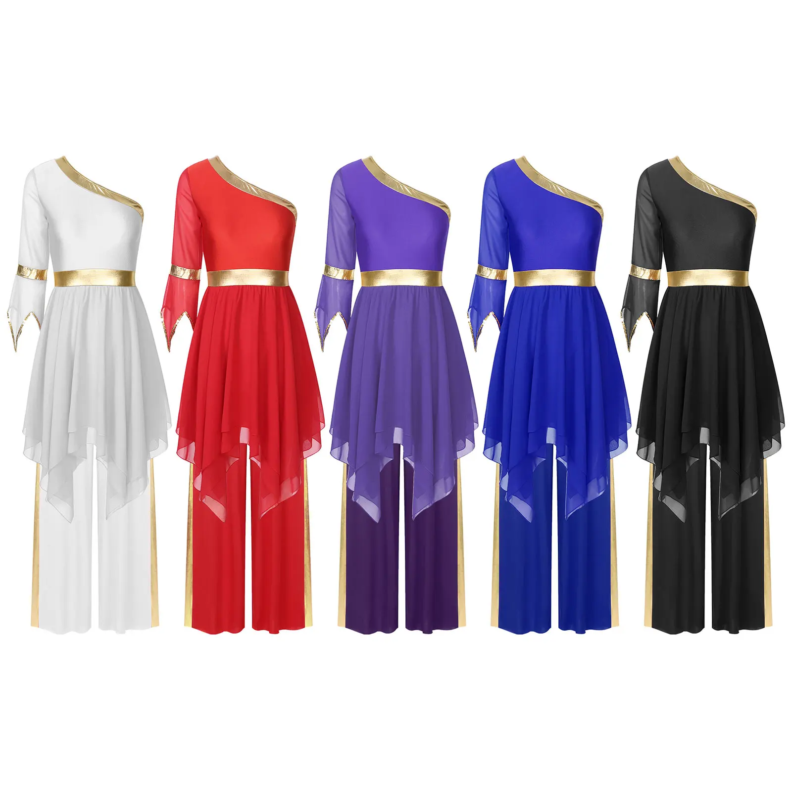 Womens Church Lyrical Dance Outfit Liturgical Worship Choir Praise Performance Costume One Shoulder Dress with Wide-Leg Pants