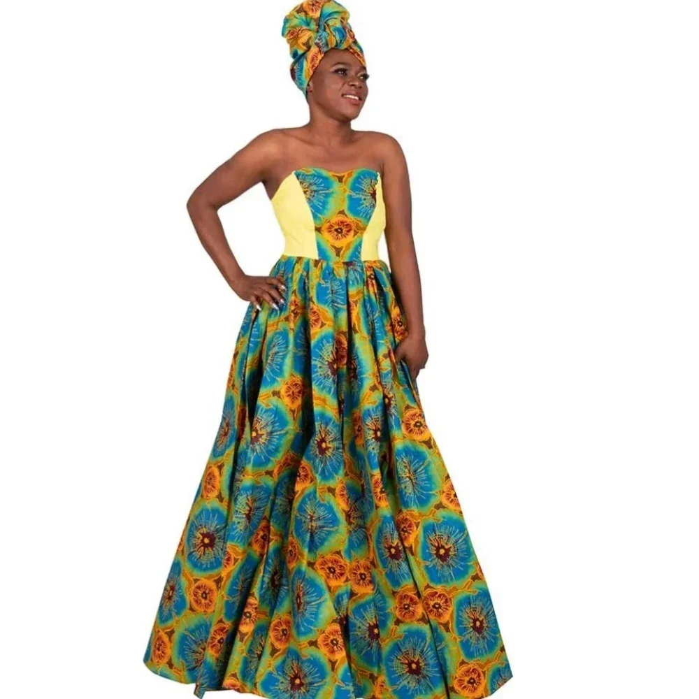 Womens African Dress Dashikis Print Ball Gown Party Dress Maxi and Strapless Women Clothing with Free Headwear Plus Size WY1805