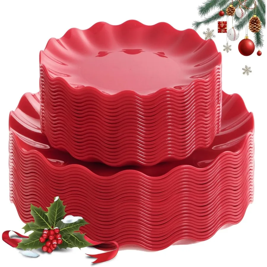 

LIYH 50 Pcs Red Plastic Plates Reusable Christmas Plastic Plates Unbreakable Holiday Dinnerware Set Scalloped Plate for Christm