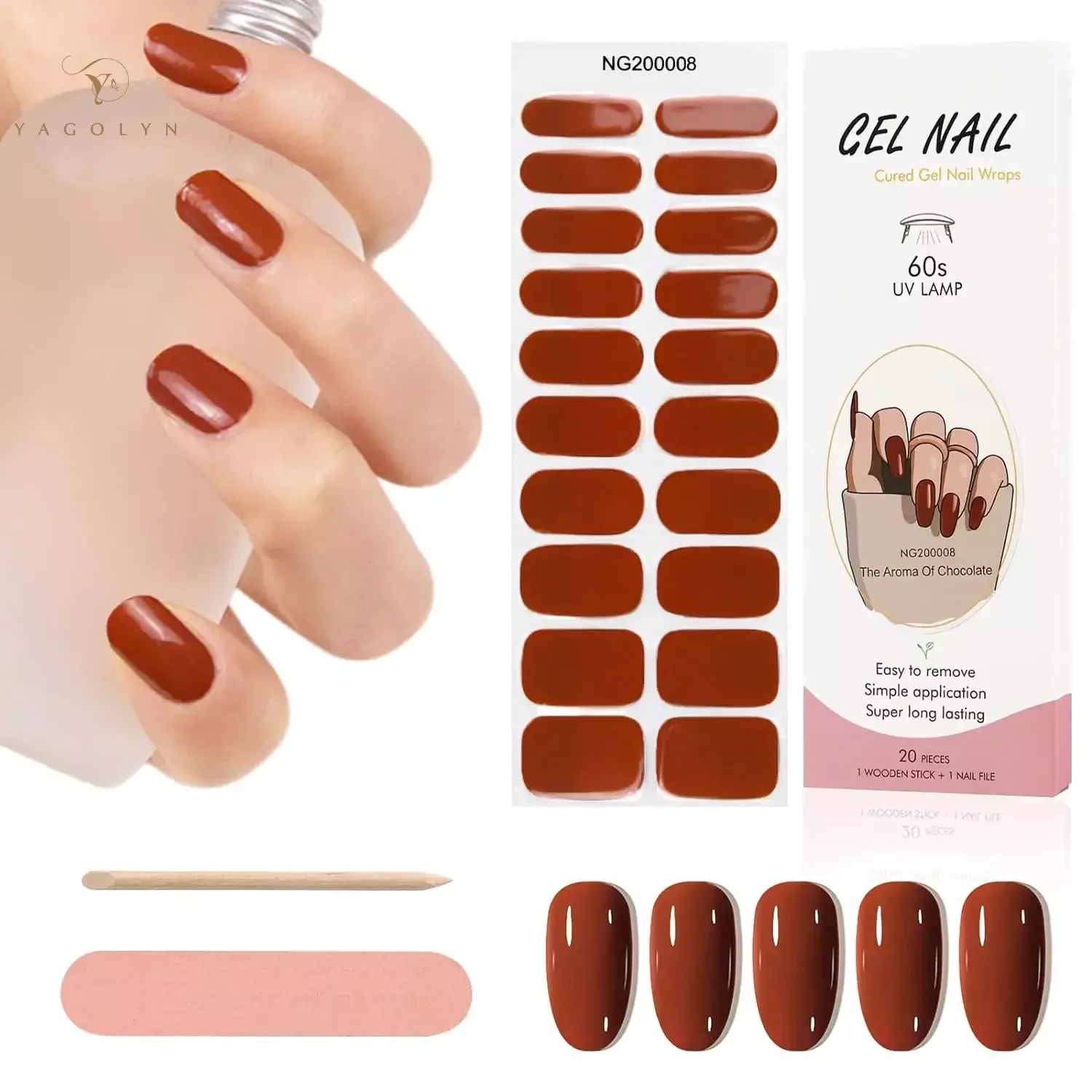 16/20Tips Semi-Cured Nail Wraps Flash Solid Adhesive Waterproof Long Lasting Gel Nail Stickers for UV Lamp Need Manicure