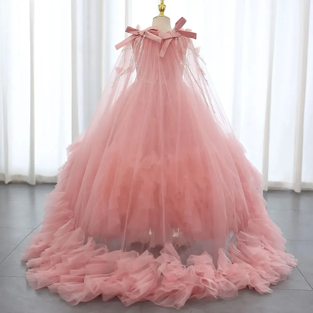

Pink Flower Girl Dresses for Wedding Lace Appliques Sequins Floor Length Girls Birthday Party Communion Party Gown Customized