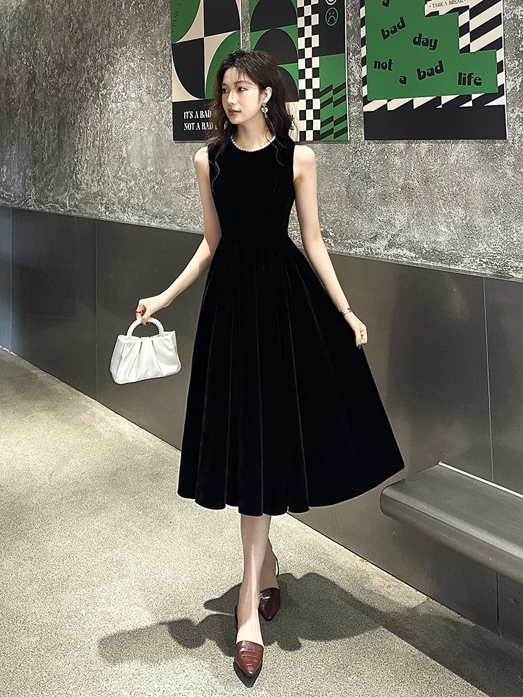 프랑스 우아한 연예인 블랙 연회 이브닝 드레스 크루 넥 민소매 높은 허리 슬림 a 라인 기질 롱 드레스 여성