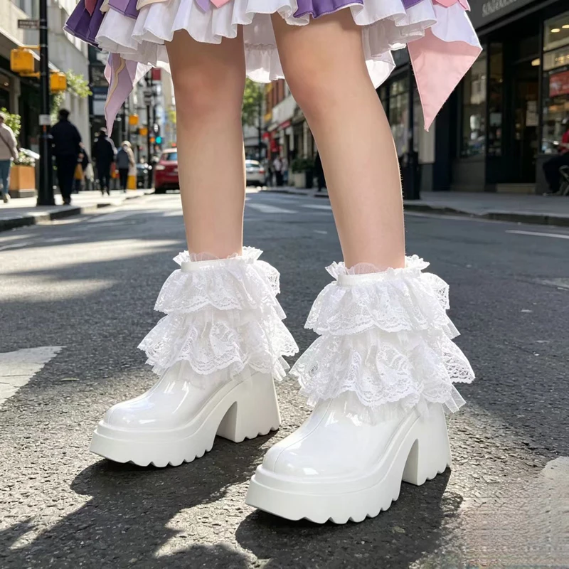 Cosplay Role-playing Lolita Style Women's Shoes Patent Leather Round Toe Platform Chunky High Heels Lace Mesh Ankle Boots White