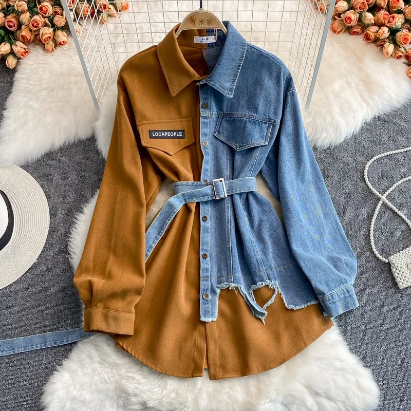 Long Shirts Women Denim Shirt  Tops Mujer Patchwork Denim Tops  women’s casual  blusas de mujer