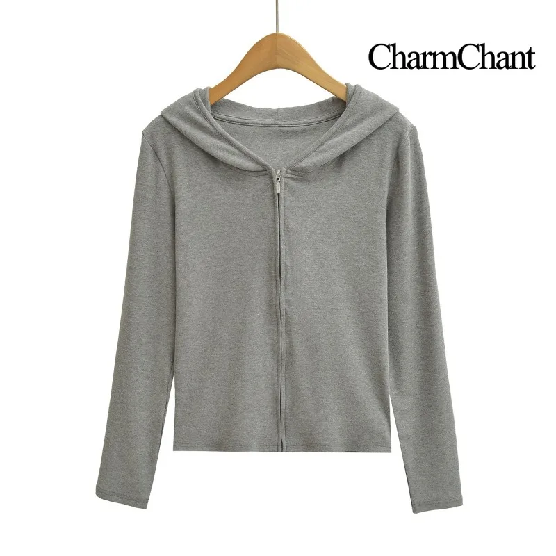 CHARMCHANT Women's Hooded Zip Up Long Sleeve Fitted Jacket Thin Active Hoodie Slim Crop Top Casual Yoga Outerwear Autumn 2026