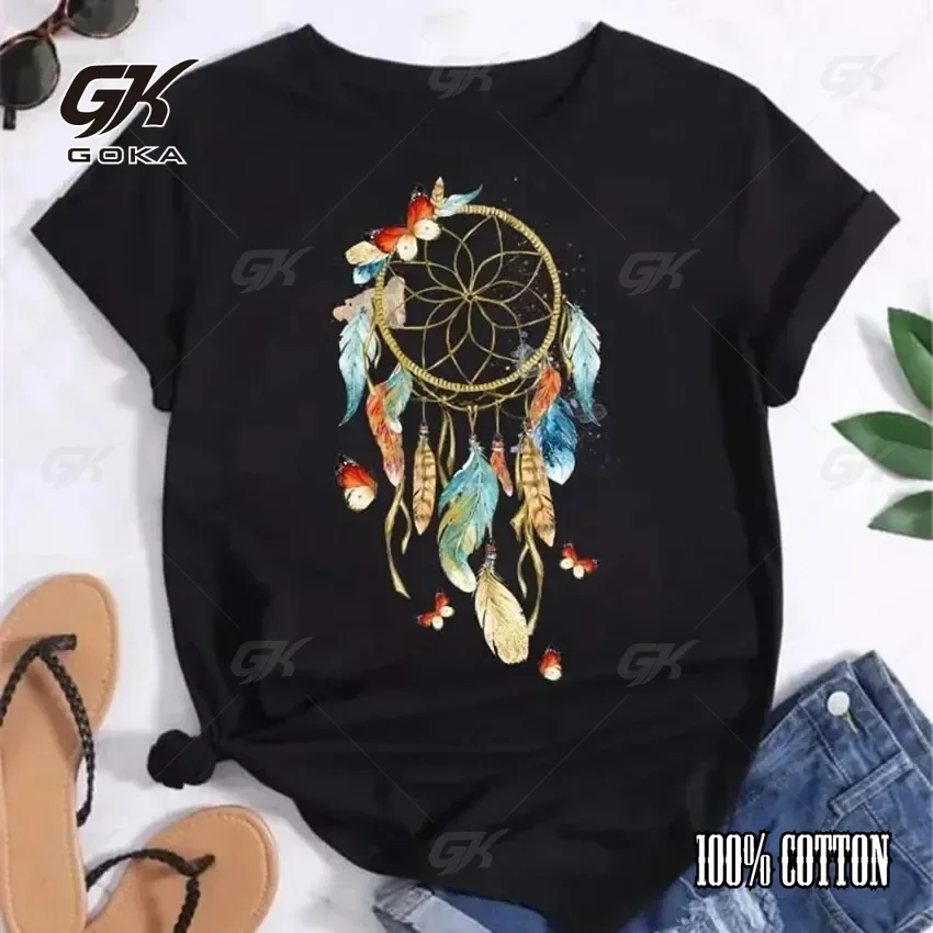 

Ловец снов, модный принт с перьями, женские летние женские футболки с короткими рукавами, верхняя рубашка, женская повседневная футболка с рисунком, топ