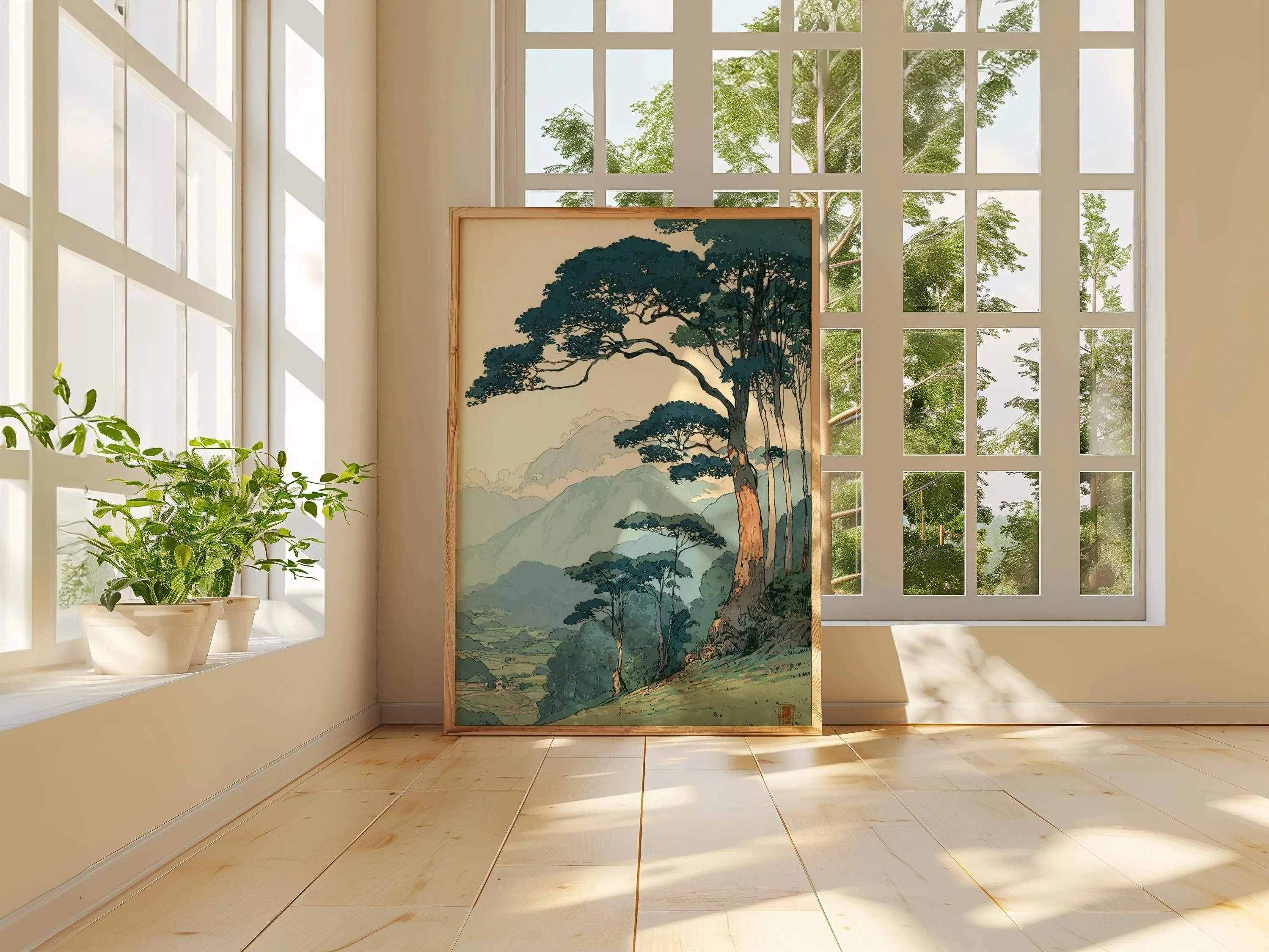 Vintage Japanese Forest Poster Tranquil Mountain Landscape Wall Art Retro Nature Print, Minimalist Tree Scene Home Decor