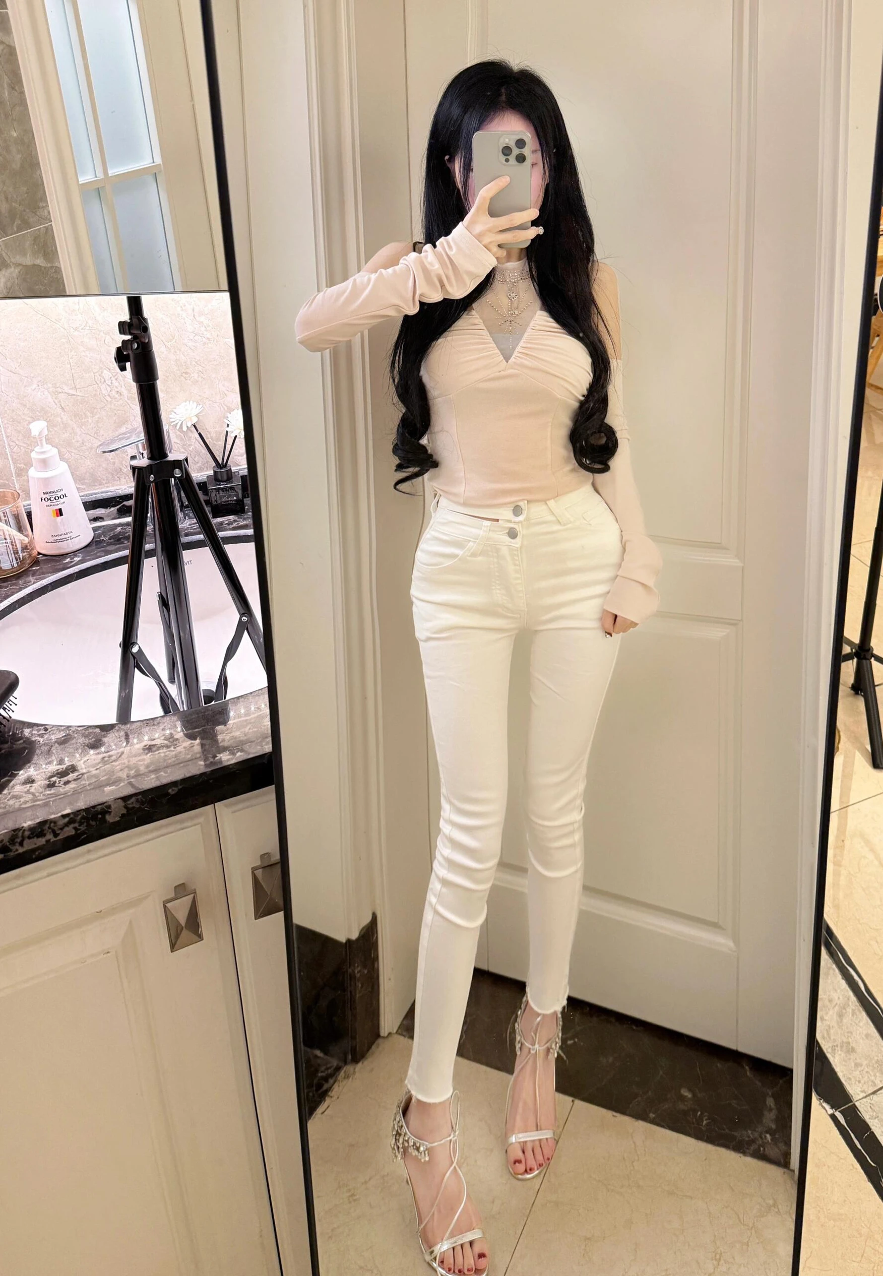 

High Waist Elastic Slim Fit Women's Pencil Pants Korean Sle Hot Girl Double Bule Hip Enhancing Tight Body Contouring Jeans