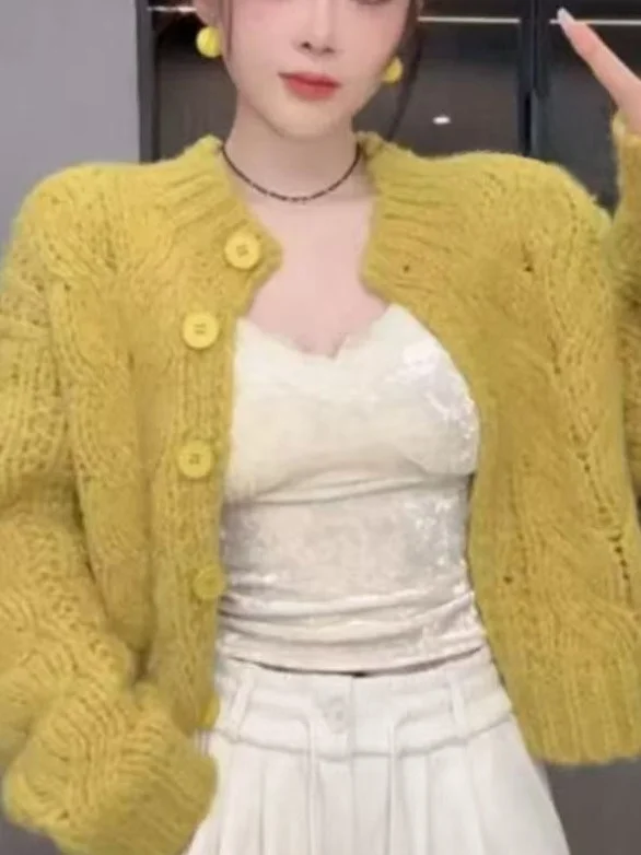 

Желтый вязаный кардиган для женщин: мягкий, уютный, с круглым вырезом, осенне-зимний, в корейском стиле, модный, маленького размера, верхняя одежда