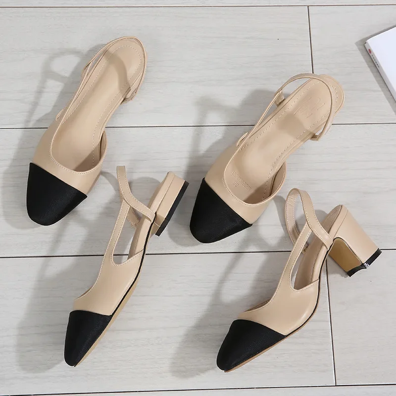 New Pointed Toe Sandals Fashion Low Square Heels Flat Shoes Korean Color Matching Party Ladies Shoes Chaussure Femme 2024