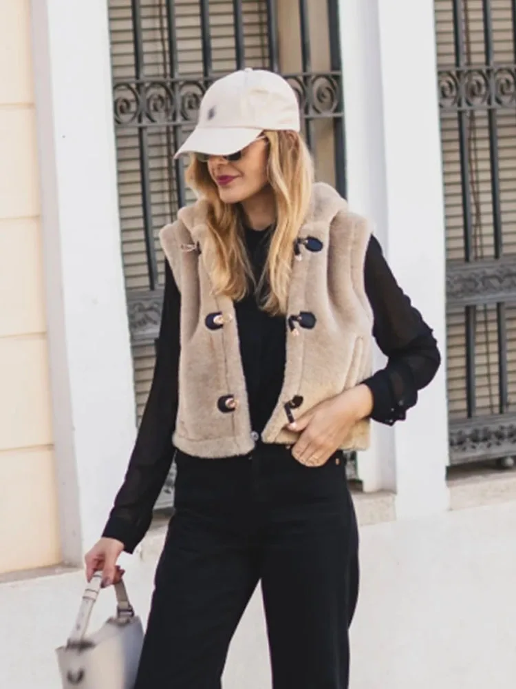 

HH2026 Женская мода из искусственного меха с капюшоном и пряжкой без рукавов светло-хаки свободный повседневный теплый однотонный жилет