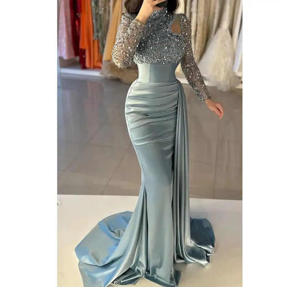 Gorgeous Beading Evening Dress for Pretty Women Long Sleevele Chapel Train High Neck Pleat Prom Gowns Special Occasion Mermaid