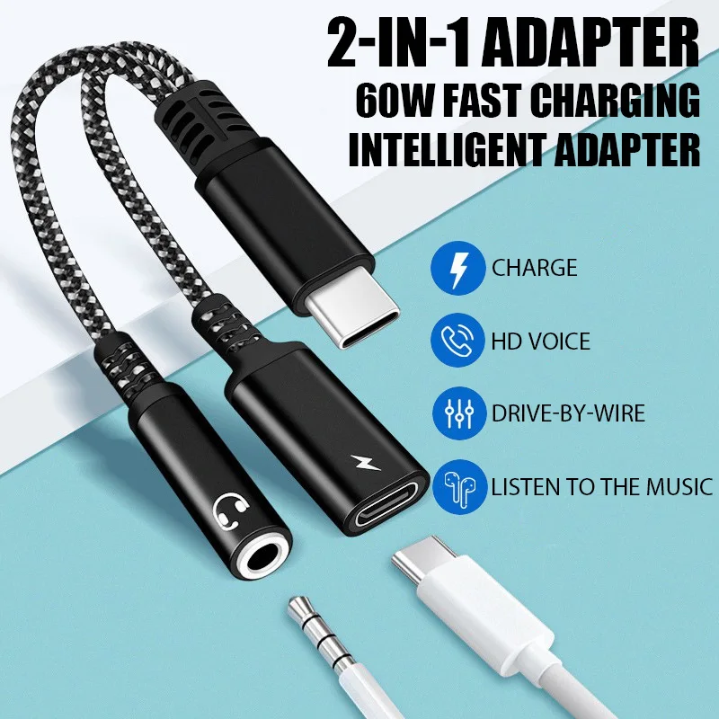 2 IN1 USB C To 3.5 MM Jack AUX Audio Earphone Adapter Type-C Headphone Converter With 60W PD Charging For iPad Pro Air Samsung