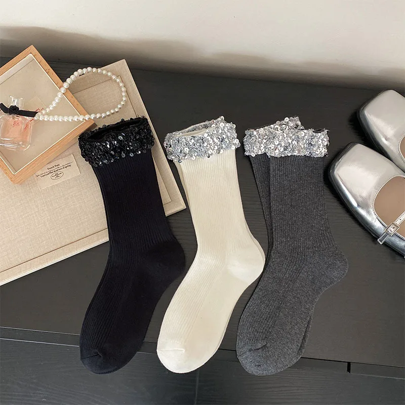 Damensocken, koreanische Socken mit Pailletten, glänzend, modisch, trendig, vielseitig, Luxusmarke, hochwertige, bequeme Baumwollsocken für Mädchen