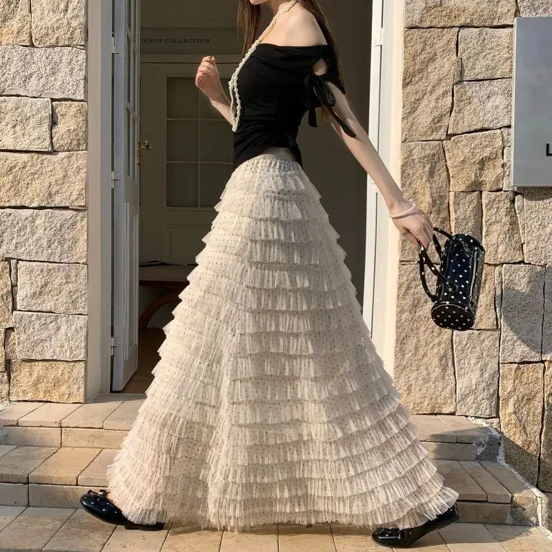 Polka Dot Mesh Pleated Cake Skirt High Waist Elastic Women's Spring Autumn Long A-Line Umbrella Skirt Casual Style Polyester ...