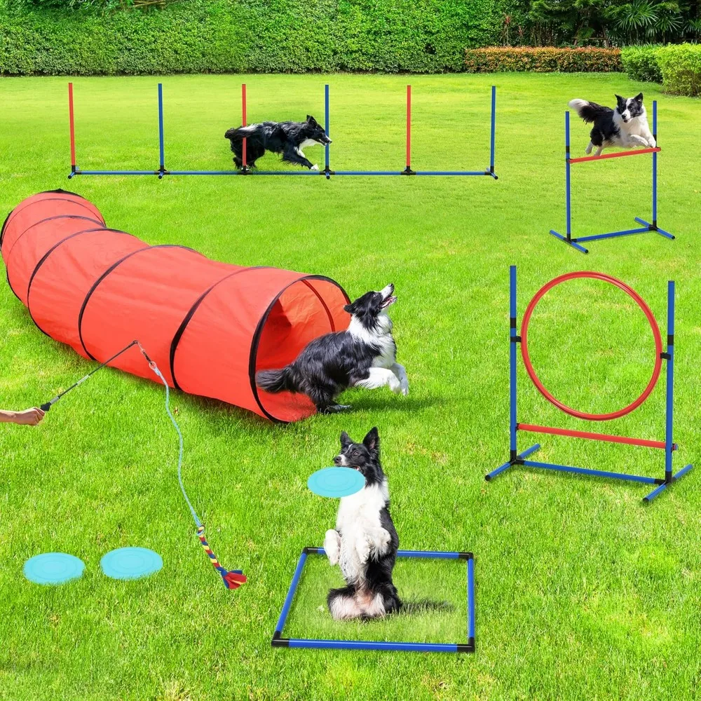 

Dog Agility Equipments, Includes Flirt Pole Toy, 3 Flying Discs, 1 Agility Tunnel, 2 Jumps, 6 Weave Poles, Pause Box