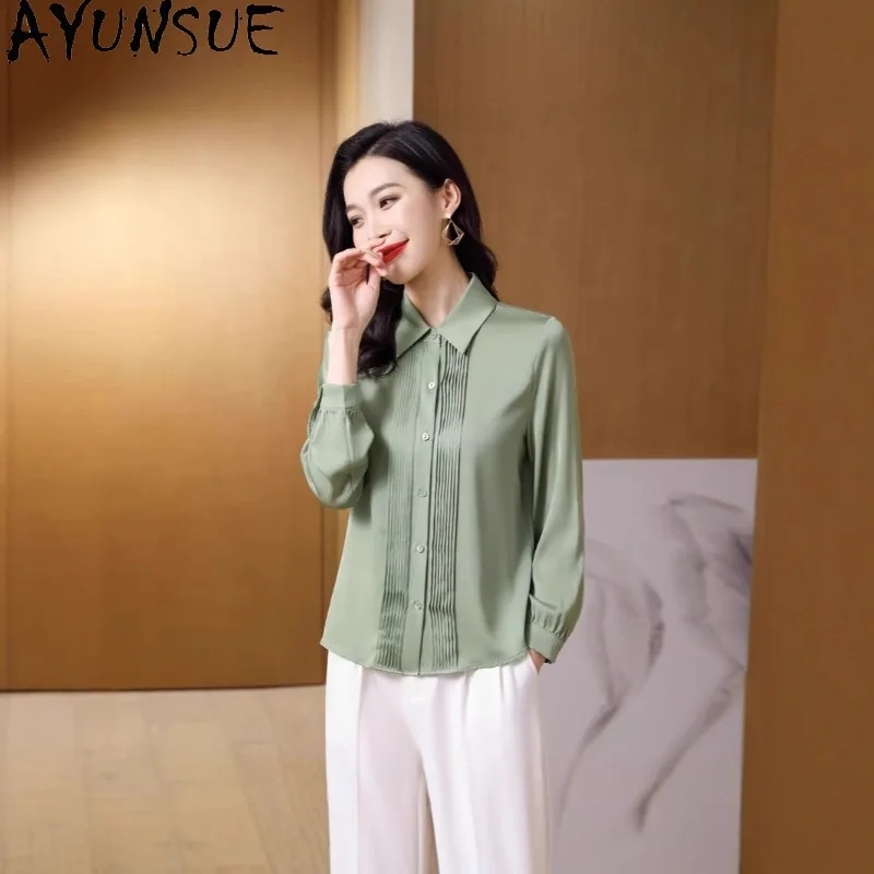 

AYUNSUE 91.8% Silk Women's Blouses and Shirts Solid Long Sleeve Tops for Woman Elegant Commuting Blouse Woman Clothing Рубашка