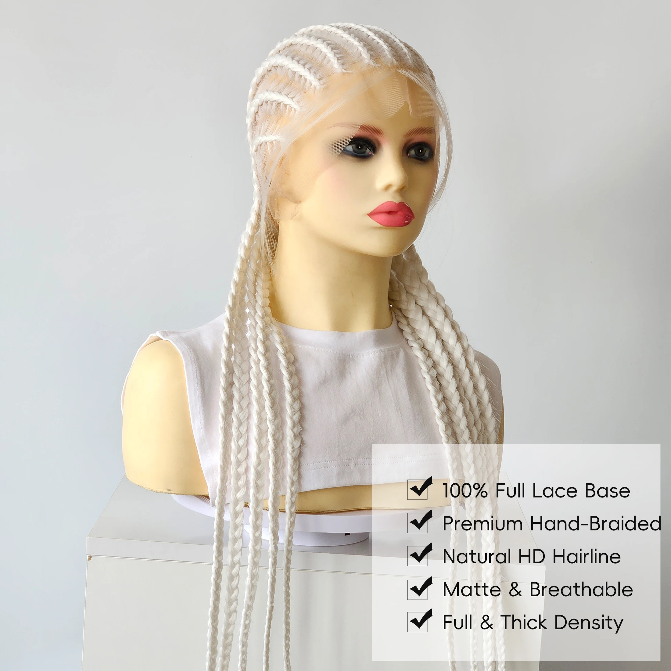 Full Lace Braided Wigs 26" Pure White Synthetic Hair 11 Strands Box Braids Glueless Cosplay Festival Party Wig Unisex HandTied