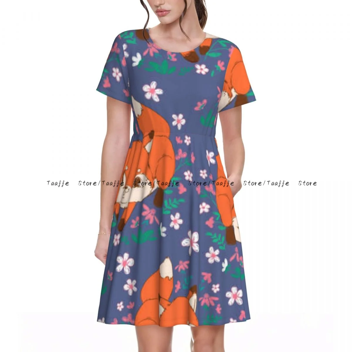 Elegantes Damenkleid mit niedlichem Fuchs- und Blumenmuster, Umlegekragen, kurze Ärmel, körperformend, Straßenrobe