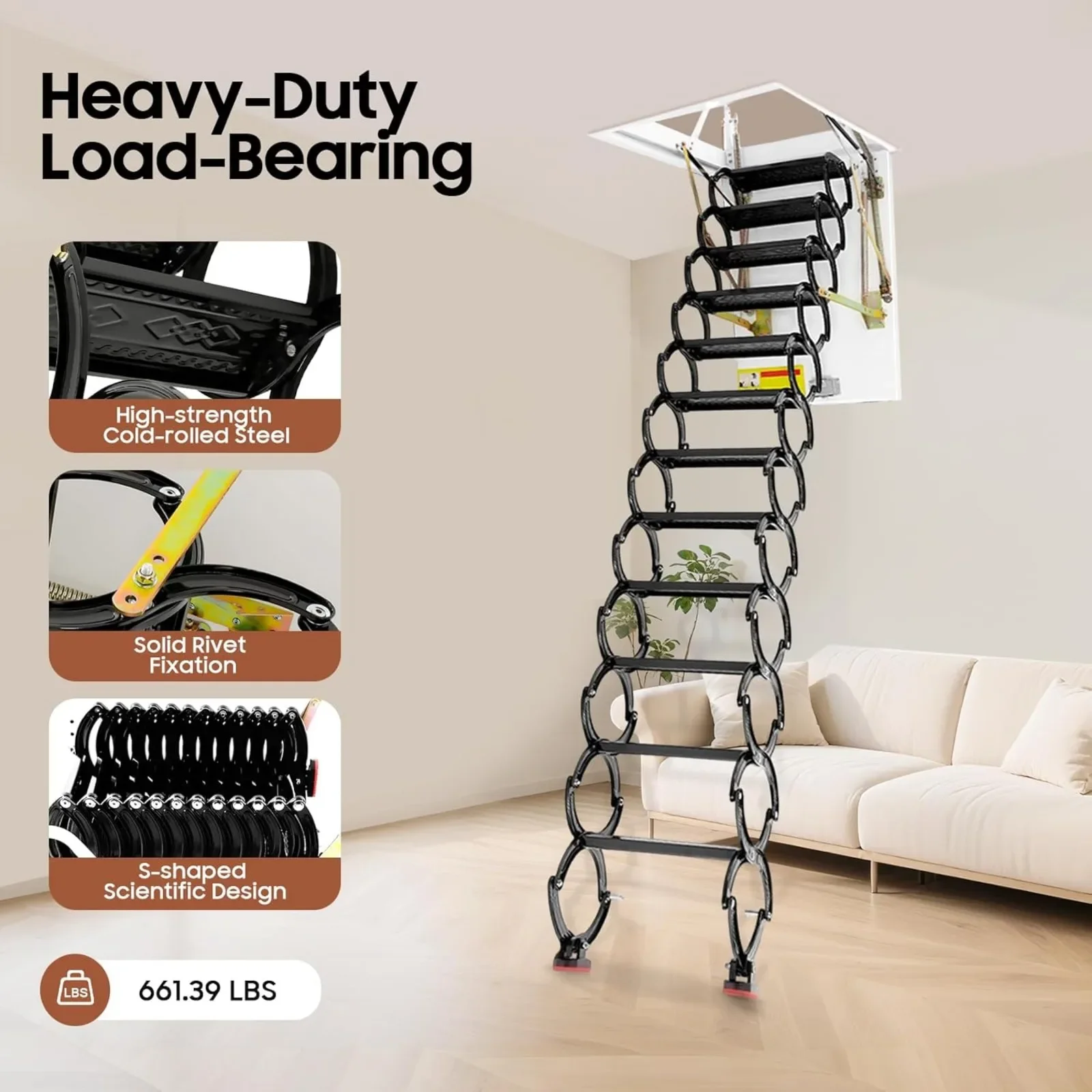 12 Steps Folding Attic Ladder,Wall Mounted Pull Down Loft Folding Stairs,Al-Mg Alloy Telescopic Extension Loft Ladder