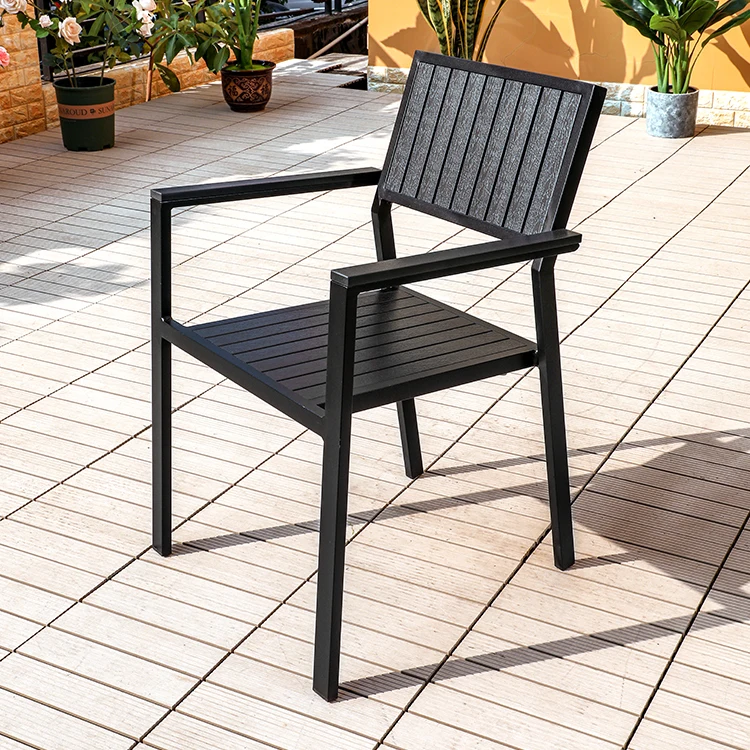 Silla de madera negra para exteriores, resistente al agua, ocio, brazo, sillas de comedor al aire libre, venta al por mayor