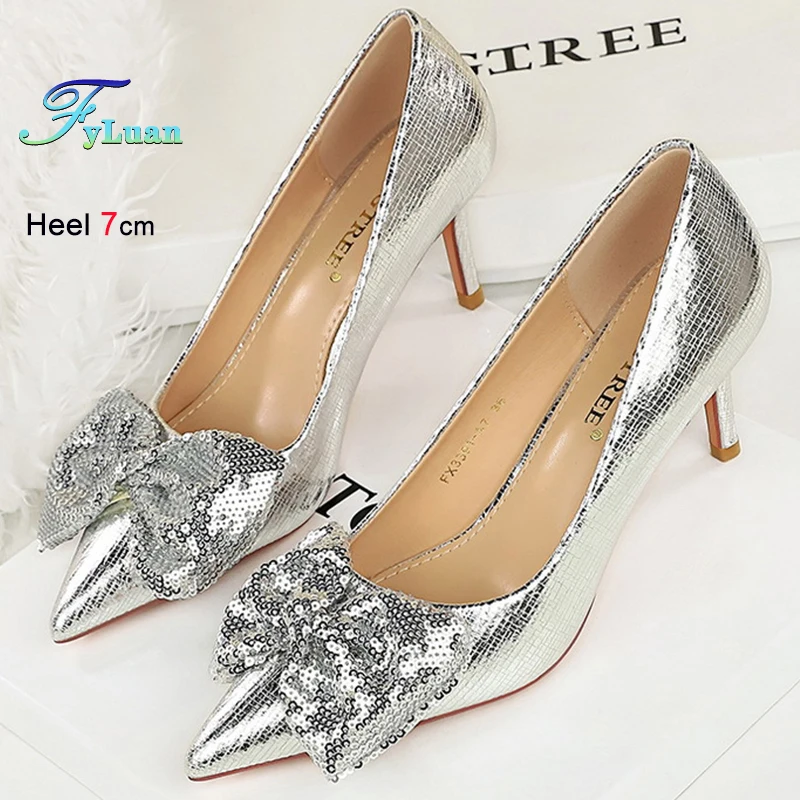 

2025 High Heels 7cm Woman Pumps Stiletto Pointed Toe Ladies Single Shoes Fashion Bowknot Decoration Banquet Shallow Mouth Shoes