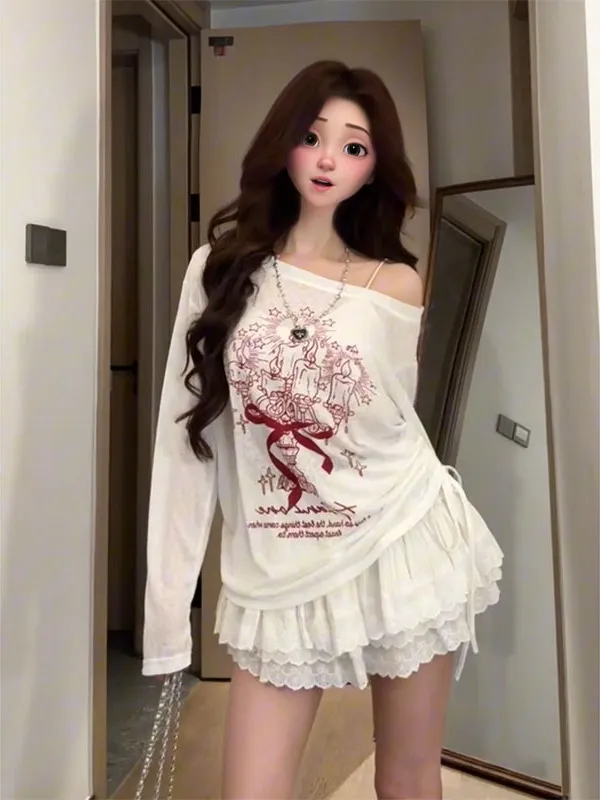 

2025 Graffiti Off Shoulder Long Sleeve Top | White Summer Sun-Proof Loose Shirt | Trendy Korean Style y2k clothing t-shirt women