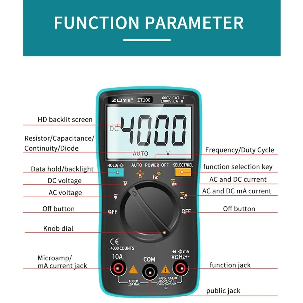 ZOYI  ZT100 dmm transistor tester Multimeter Digital Multi Tester Back Light AC/DC Voltmeter Diode