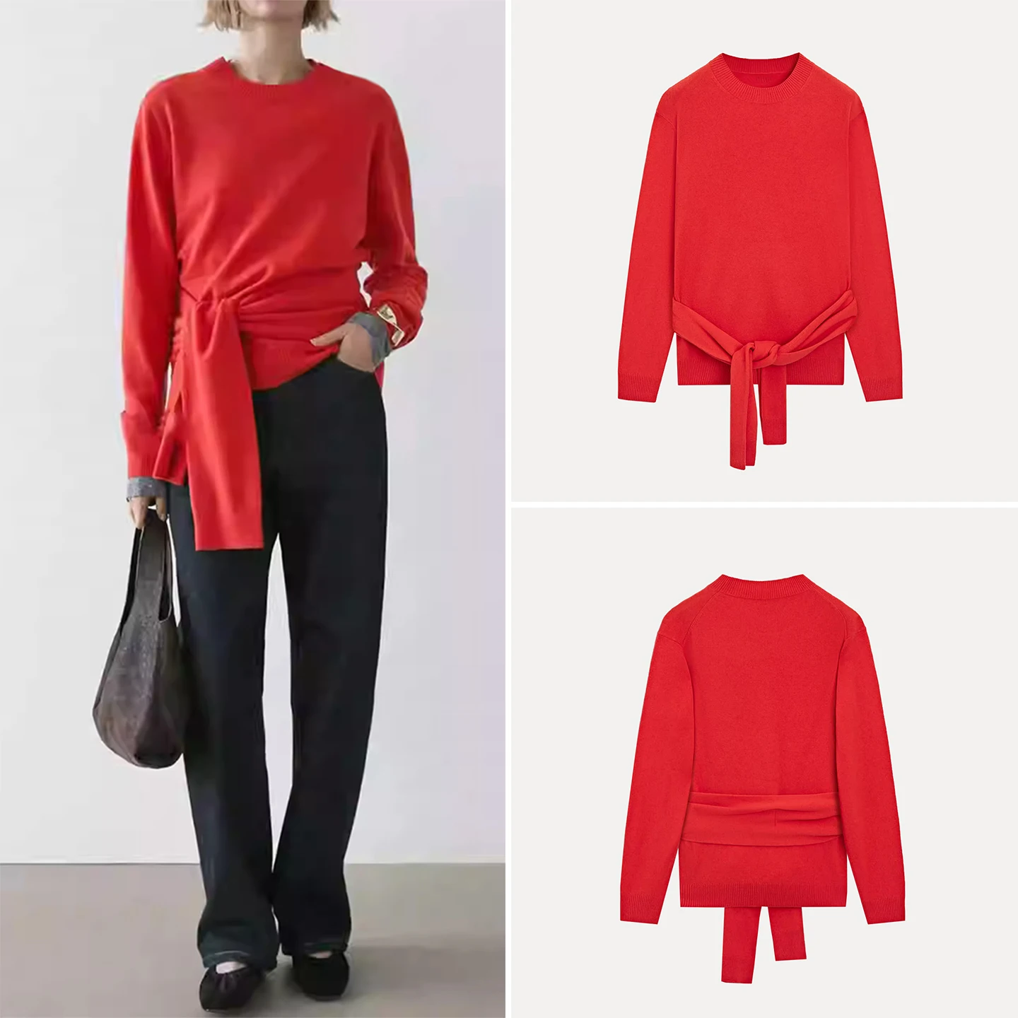 

Модный вязаный круглый топ Ne, женский простой дизайн с галстуком, зимнее новое поступление, Z, длинный свек Crew Ne