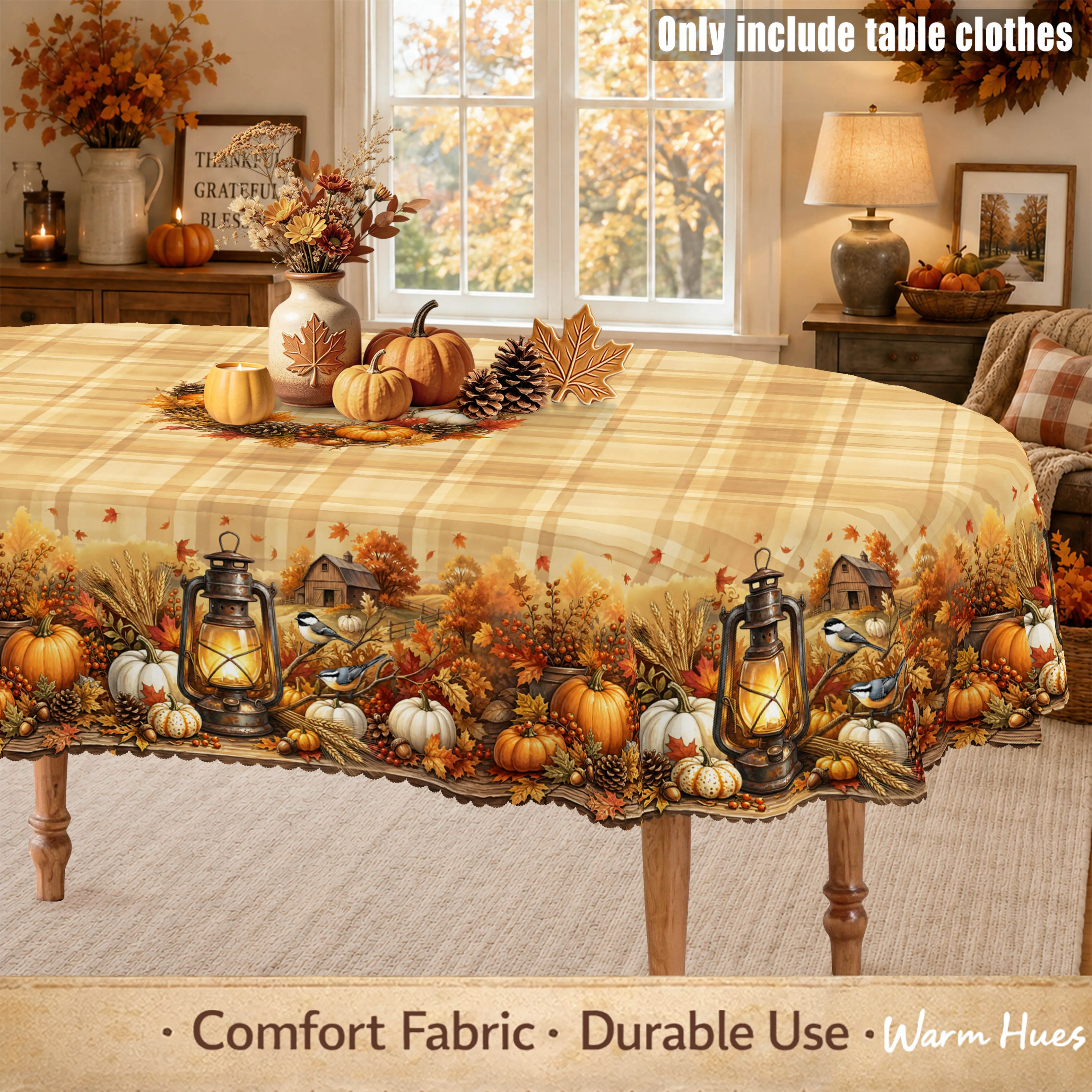 1 piece, retro autumn harvest tablecloth, pumpkin maple leaf lantern pine cone bird print, buffalo check