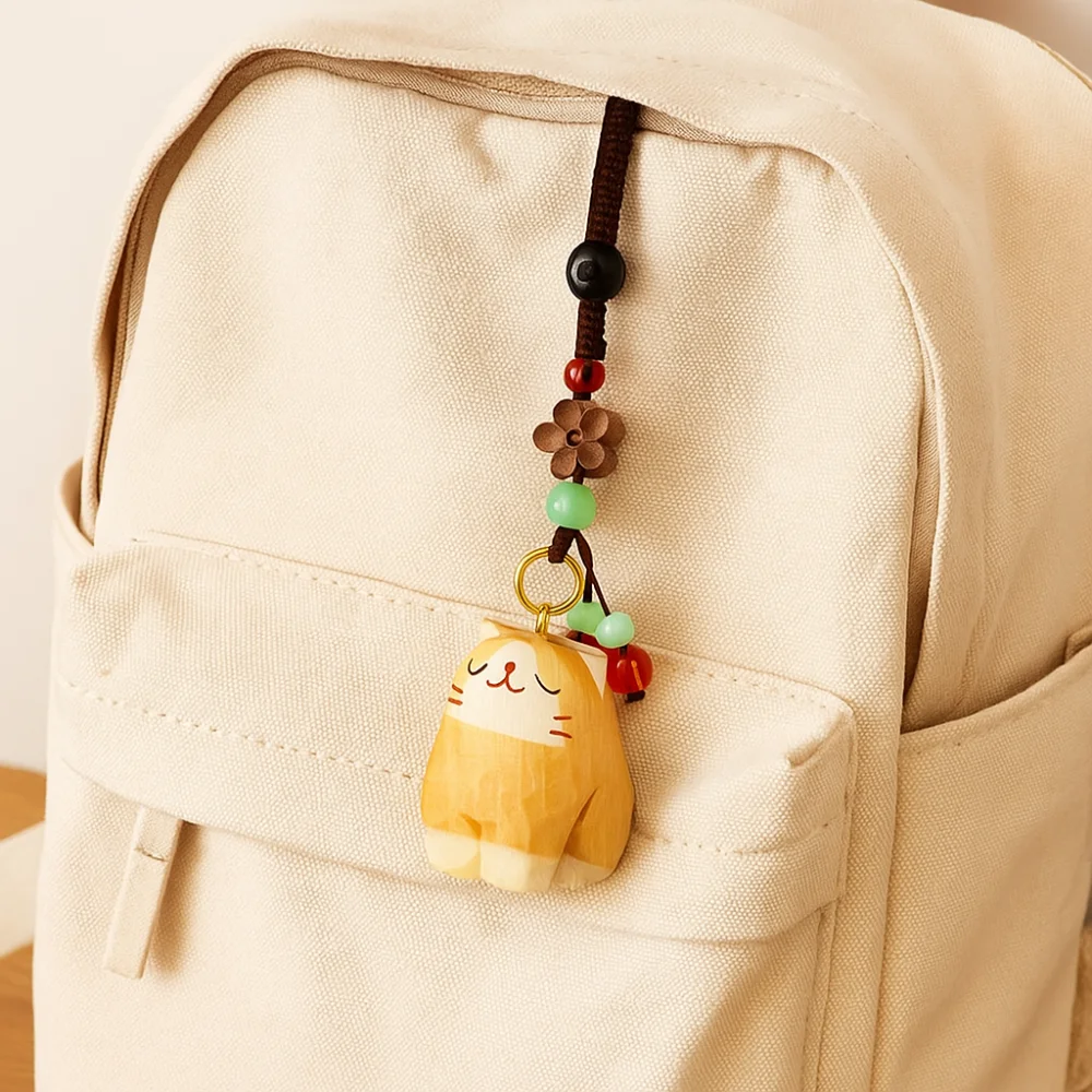

Funny Flower Wooden Carved Cat Keychain Beads Weave Rope Wood Kitty Pendant Ornaments Kawaii Car Keyring Girl/Boy
