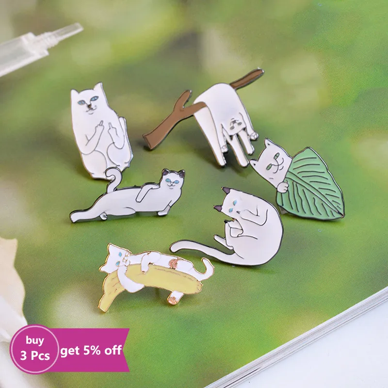 White Cat Enamel Pins Custom Middle Finger Lazy Cat Animal Brooch Clothes Lapel Pin Metal Badge Cartoon Jewelry Gift Wholesale