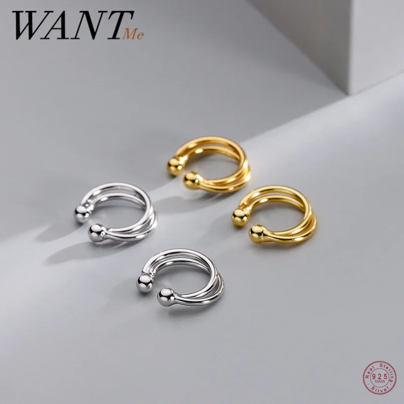 WANTME 925 Sterling Silver Simple Double Beads No Piercing Ear Clips Earring for Women Fashion Chic Ear Cuff Jewelry Accessories