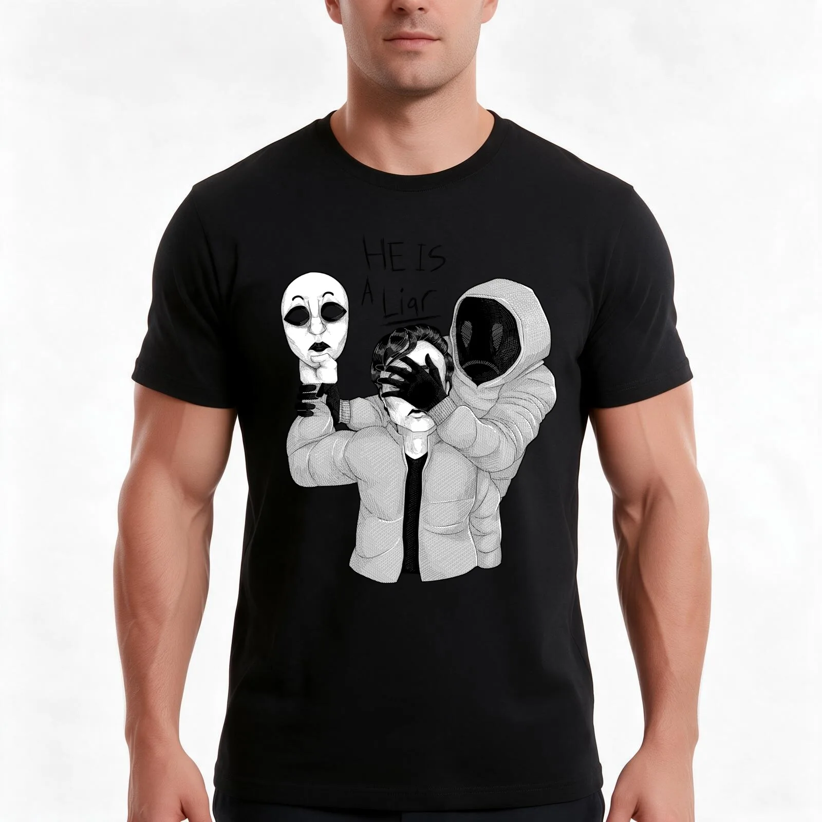 Hoodie and Masky - HE IS A LiaR T-Shirt, Summer Casual Cotton Tee, Oversized Streetwear Tops, Vintage Graphic Print, 100% Cotton