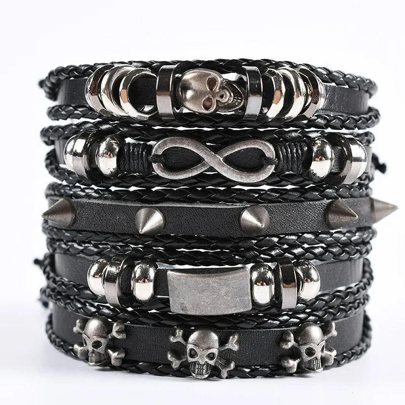 Eight-character Alloy Skull Head Infinite Symbol Cross-Border Style Leather Bracelet Set Men\'s Over-the-top Punk BraceletJewelry