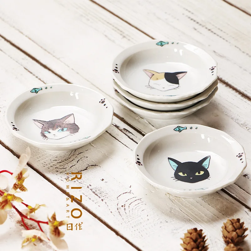 Japan Imported Kutani Meishan Kiln Cat Small Plate Household Soy Sauce Dish Ceramic Five-in Tableware Set