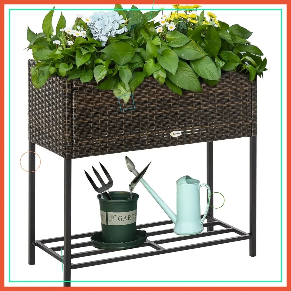 

Elevated Rattan-Look Planter Box with Storage Shelf, Portable for Herbs Vegetables Flowers