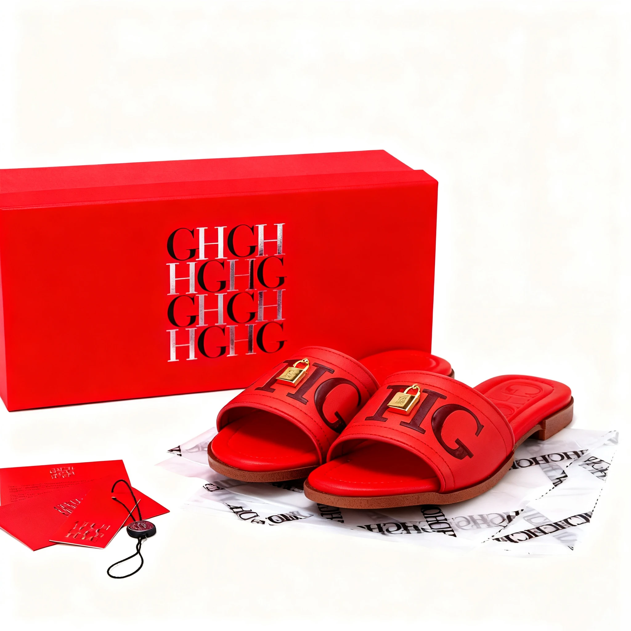 

Красные массивные сандалии на плоской подошве, 2025 г., кожаные шлепанцы с золотым замком для женщин, праздничный подарочный набор, жирный, элегантный, легкий, роскошный, комфорт