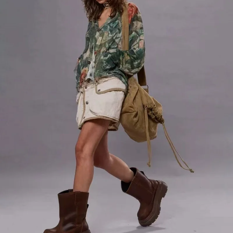 2025년 가을 신상 카모플라주 장미 프린트 니트 스웨터 Y2K 여성 한국 레트로 꽃자수 V넥 니트 가디건