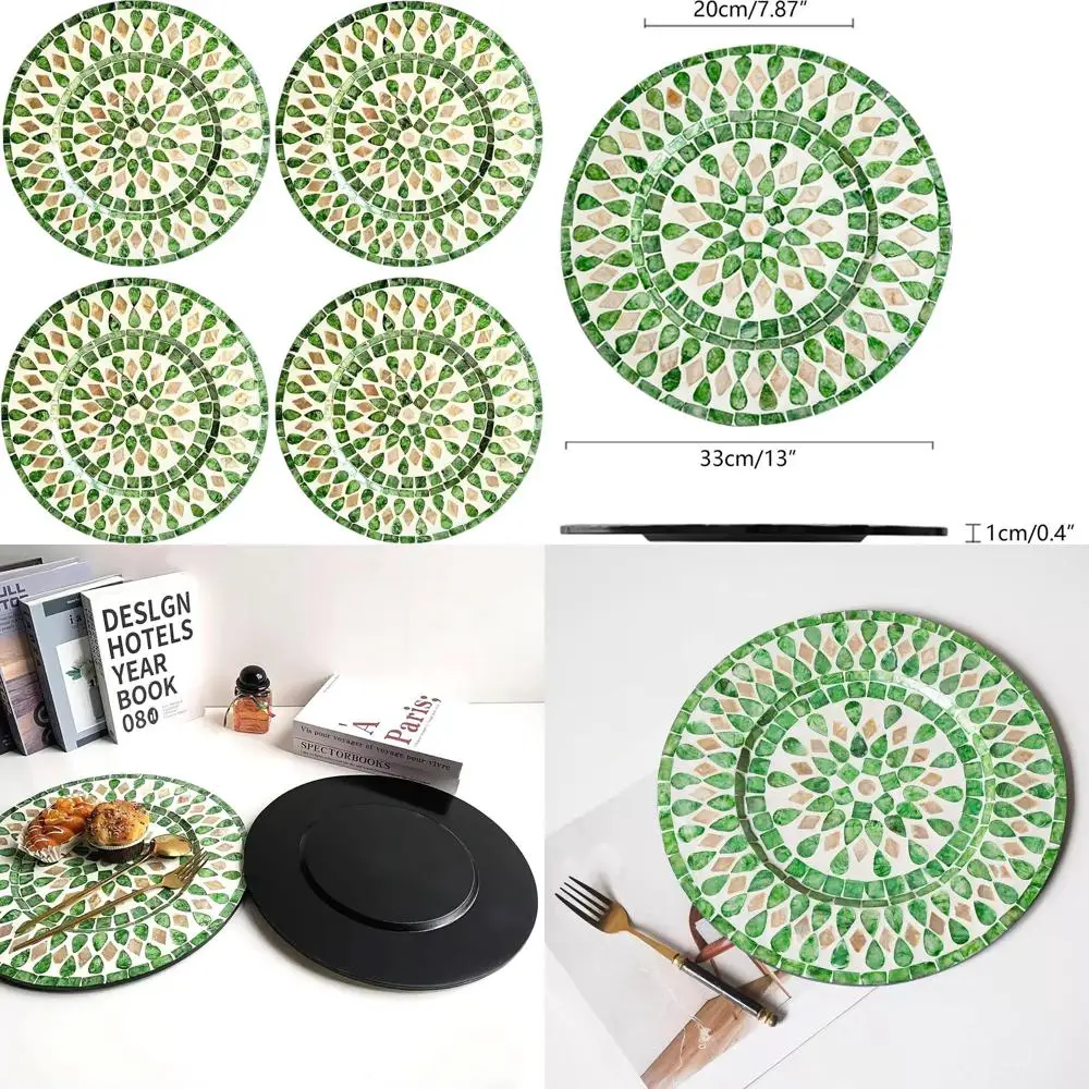 

Set of 4 Green Wooden Placemats with Mother-of-Pearl Inlay - 13 Decorative Serving Plates for Dining & Wedding Gifts