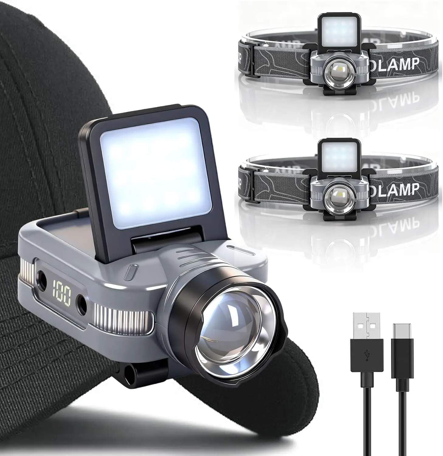 

2 pcs 900lm Rechargeable Dimmable Clip-on Headlamp, 180° Adjustable Waterproof LED Hat Light for Running, Fishing, Camping, Hunt