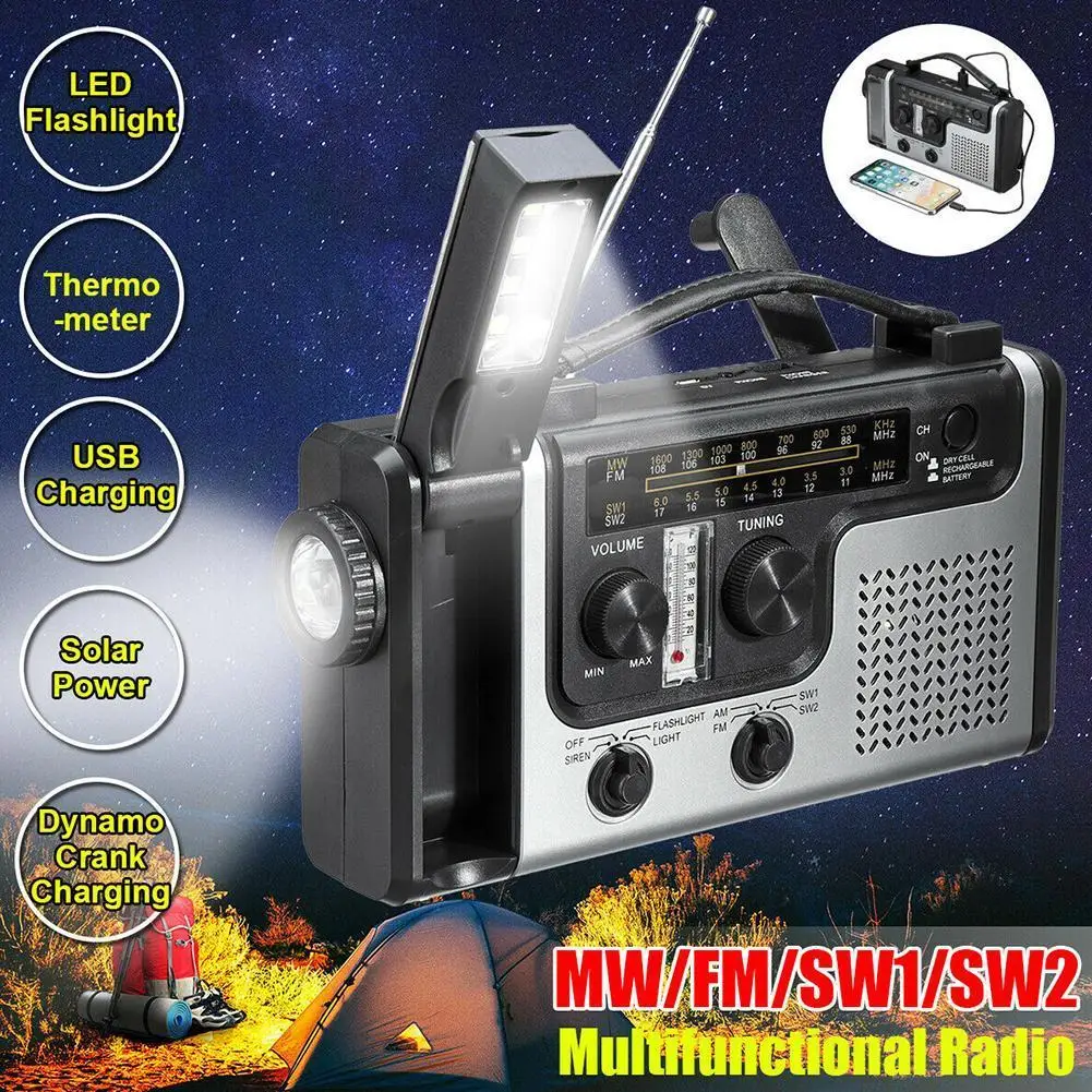 Emergency Solar Power Radio AM FM SW1 SW2 Multi-band Radio Solar Hand-Cranked Weather Radio with Flashlight Power Bank Charger